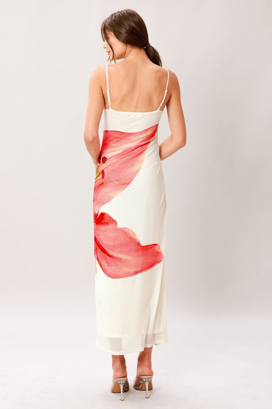Bloom Statement Power Mesh Cami Midi Dress in ivory, view 5 — Soul Flow Apparel