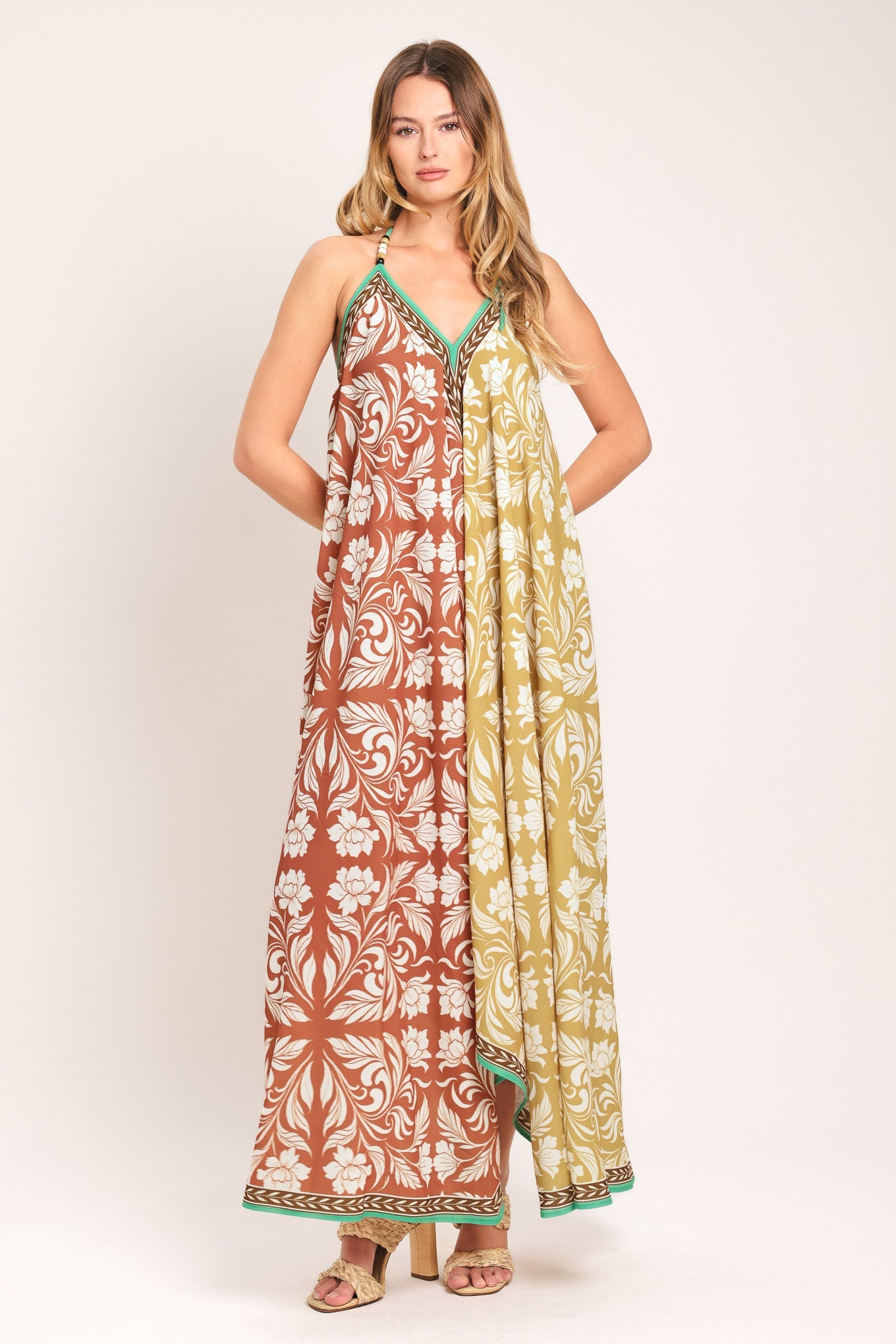 Warm Paradise Woven Midi Scarf Dress in taupe mauve, view 1 — Soul Flow Apparel