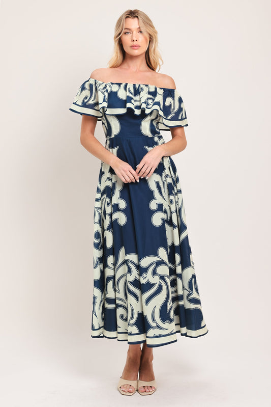Blue Majolica Woven Midi Dress in navy, view 1 — Soul Flow Apparel