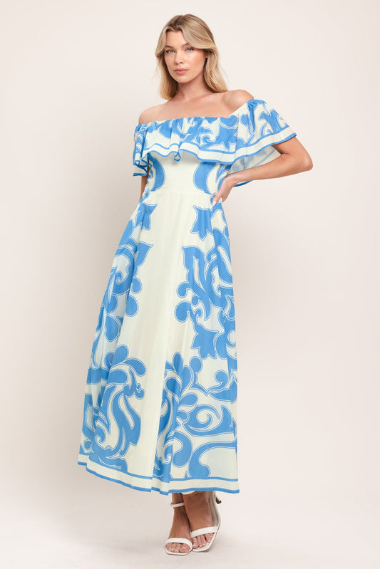 Blue Majolica Woven Midi Dress in off-white, view 2 — Soul Flow Apparel