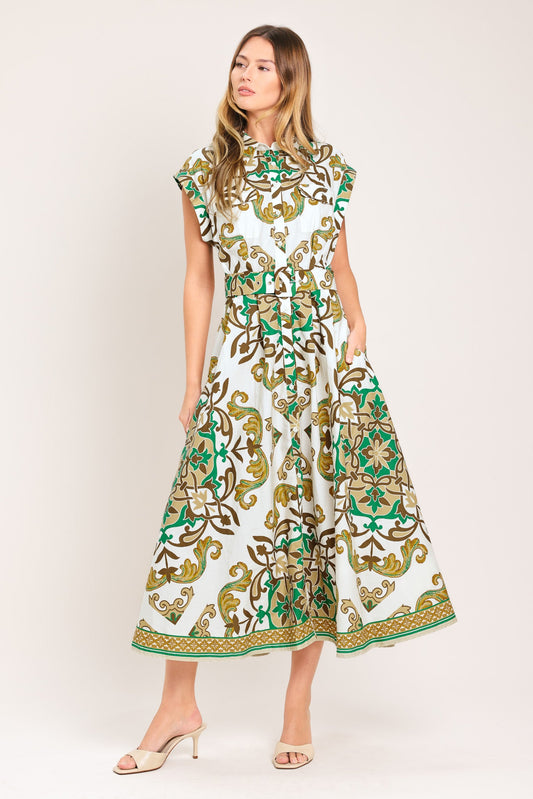 Emerald Ornate Woven Midi Shirt Dress in ivory olive, view 1 — Soul Flow Apparel