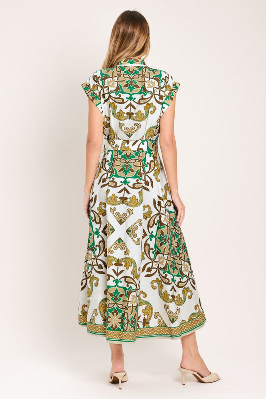 Emerald Ornate Woven Midi Shirt Dress in ivory olive, view 6 — Soul Flow Apparel