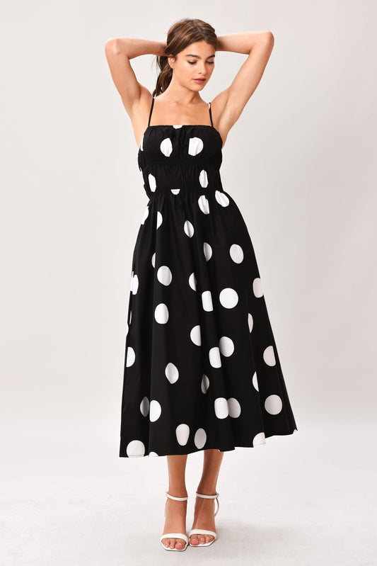 Dot Theory Woven Midi Dress in black, view 3 — Soul Flow Apparel
