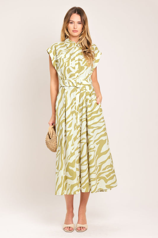Soft Zebra Woven Midi Shirt Dress in ivory taupe, view 1 — Soul Flow Apparel