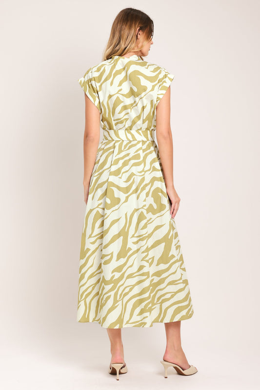 Soft Zebra Woven Midi Shirt Dress in ivory taupe, view 6 — Soul Flow Apparel