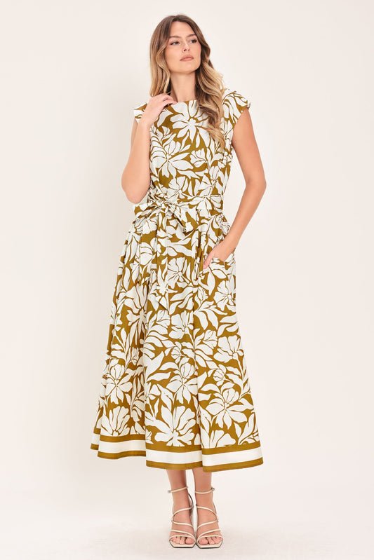 Marigold Haven Woven Midi Dress in camel, view 1 — Soul Flow Apparel