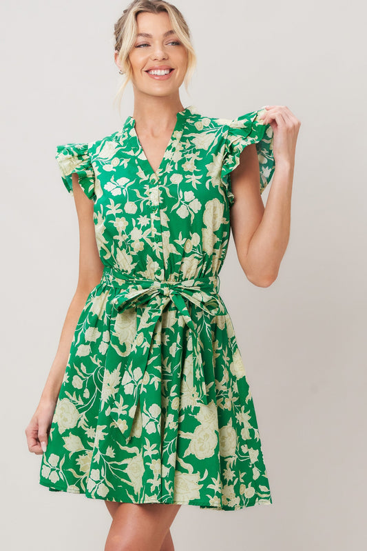 Emerald Bloom Woven Mini Dress in green, view 1 — Soul Flow Apparel