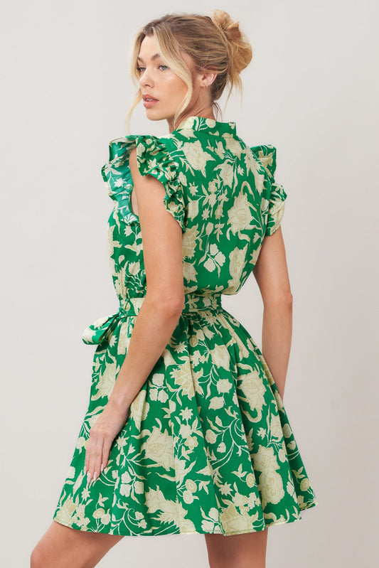 Emerald Bloom Woven Mini Dress in green, view 4 — Soul Flow Apparel