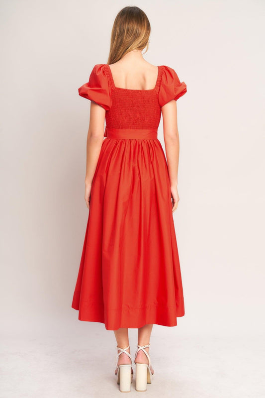 Sunset Romance Woven Midi Dress in coral red, view 4 — Soul Flow Apparel