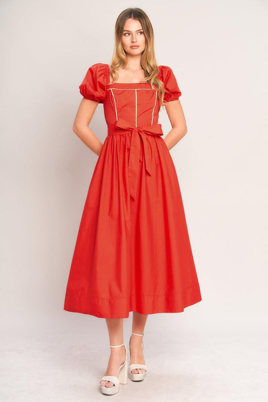 Sunset Romance Woven Midi Dress in coral red, view 6 — Soul Flow Apparel