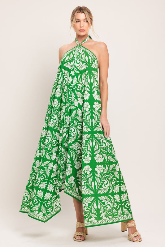 Emerald Bloom Woven Midi Scarf Dress in green, view 1 — Soul Flow Apparel