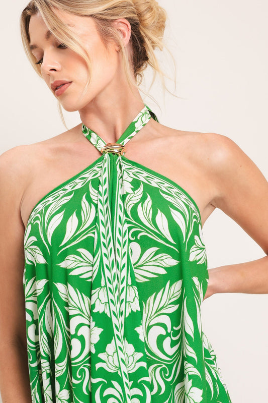 Emerald Bloom Woven Midi Scarf Dress in green, view 5 — Soul Flow Apparel