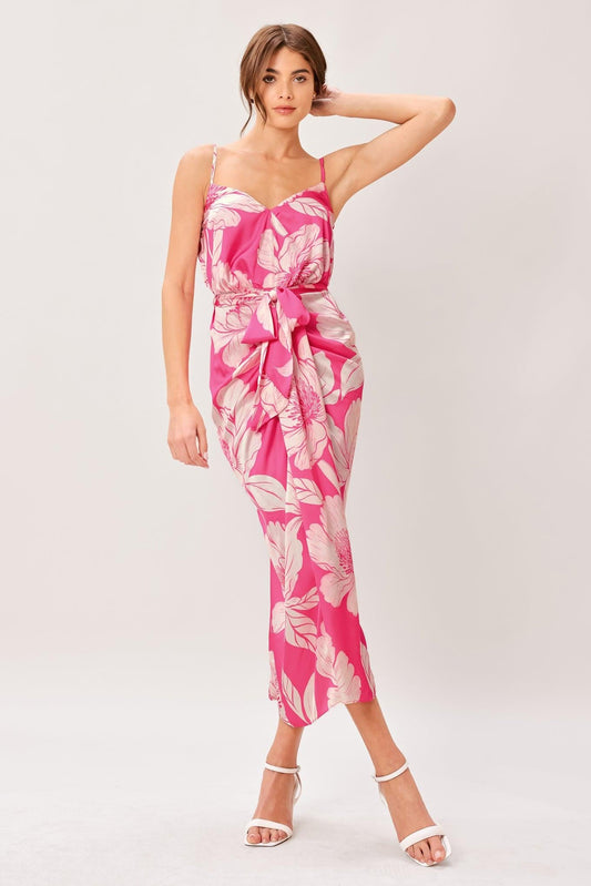 Bold Petalia Woven Midi Dress in pink, view 1 — Soul Flow Apparel