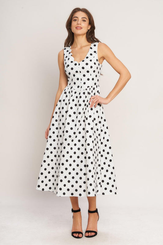 Vintage Whisper Polka Woven Midi Dress in ivory black, view 2 — Soul Flow Apparel