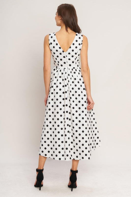 Vintage Whisper Polka Woven Midi Dress in ivory black, view 5 — Soul Flow Apparel