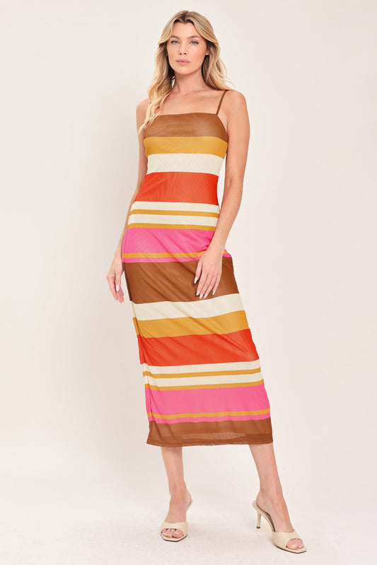 Heat Waves Power Mesh Midi Dress in brown pink, view 1 — Soul Flow Apparel