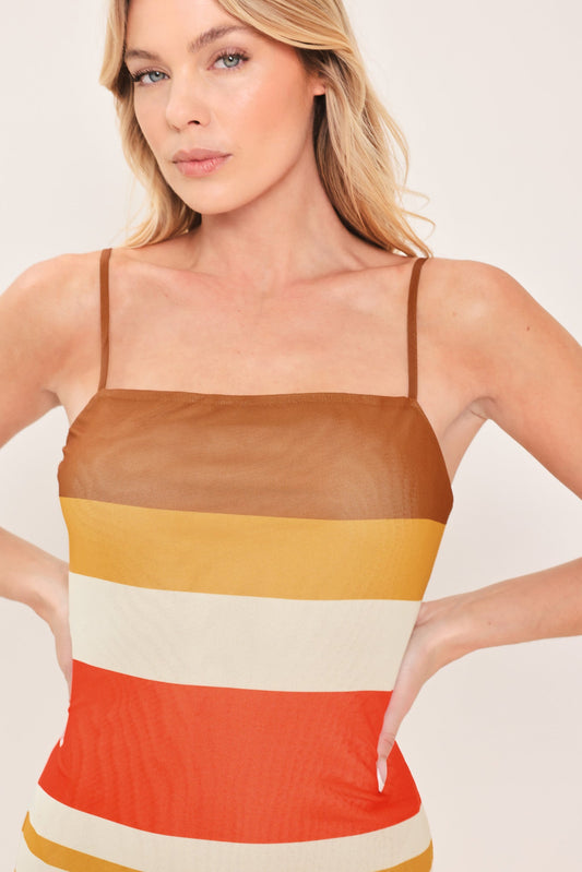 Heat Waves Power Mesh Midi Dress in brown pink, view 4 — Soul Flow Apparel