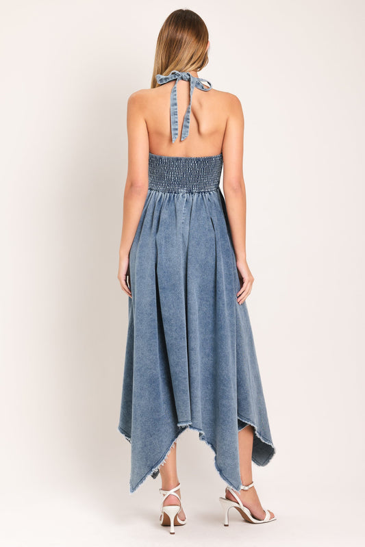 Sweet Embrace Denim Midi Dress in light indigo, view 5 — Soul Flow Apparel