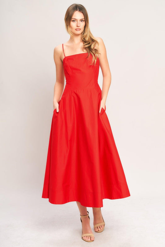 Summer City Woven Midi Dress in red, view 1 — Soul Flow Apparel