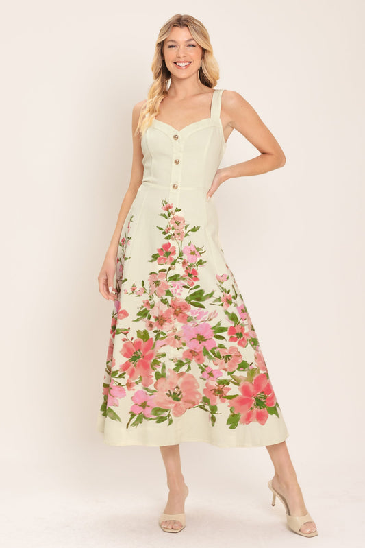 Blossom Whisper Woven Midi Dress in white pink floral, view 1 — Soul Flow Apparel