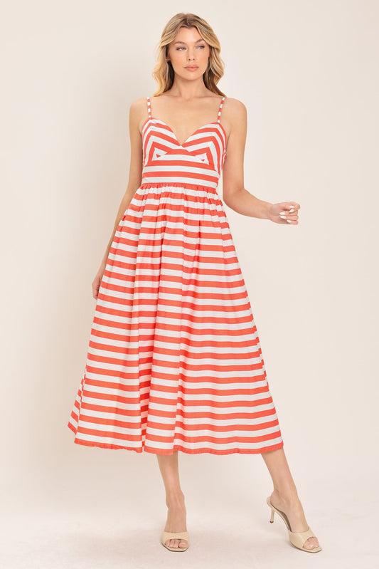 Boardwalk Stripe Woven Midi Dress in off-white coral, view 1 — Soul Flow Apparel