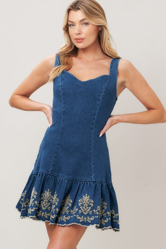Vintage Wave Denim Mini Dress in medium indigo, view 2 — Soul Flow Apparel