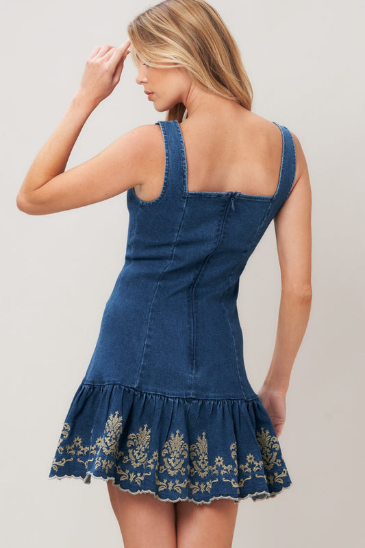 Vintage Wave Denim Mini Dress in medium indigo, view 4 — Soul Flow Apparel