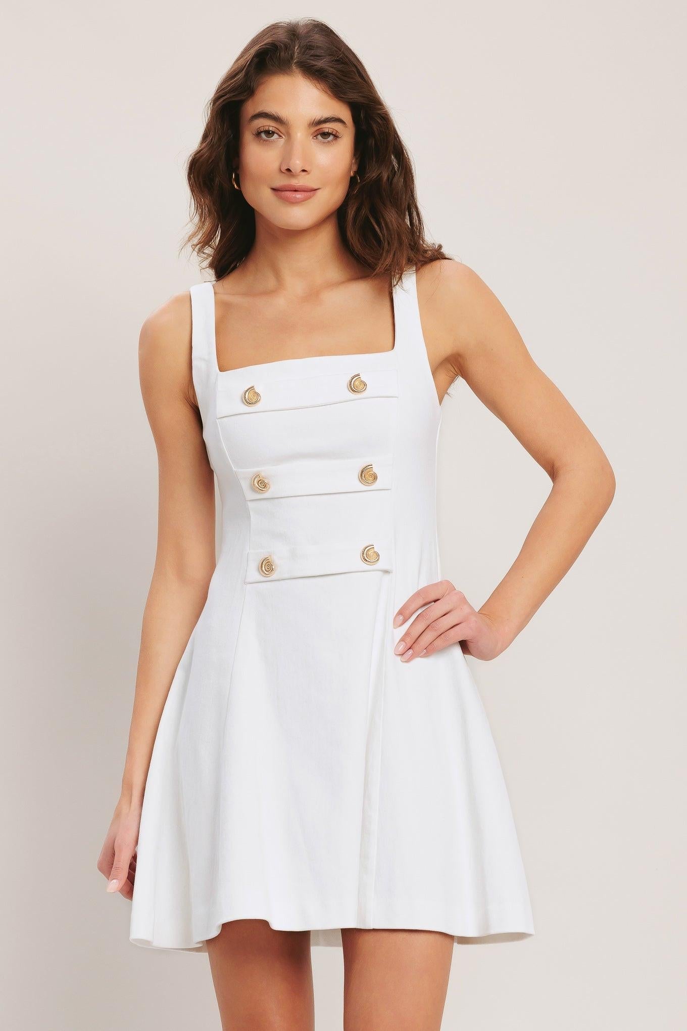 Coastal Chic Woven Mini Dress in white denim, view 1 — Soul Flow Apparel