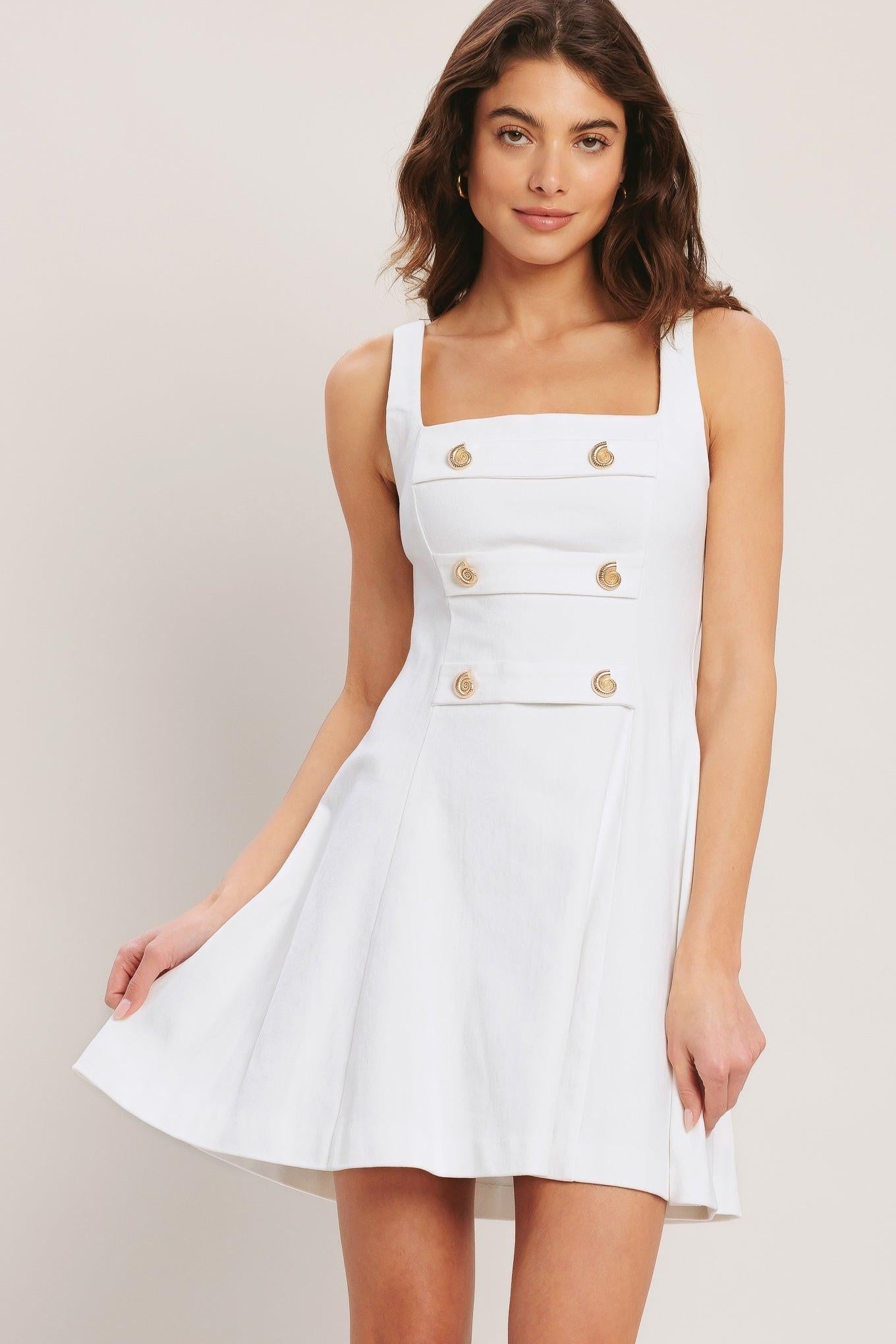 Coastal Chic Woven Mini Dress in white denim, view 2 — Soul Flow Apparel