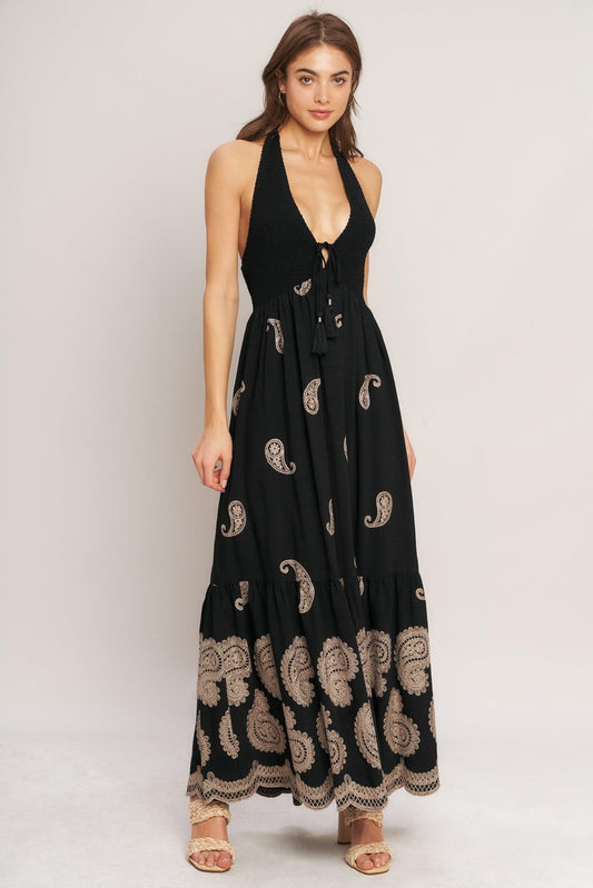Midnight Charm Woven Midi Dress in black, view 1 — Soul Flow Apparel