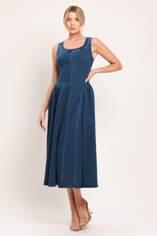 Classic Indigo Denim Midi Dress in medium indigo, view 1 — Soul Flow Apparel