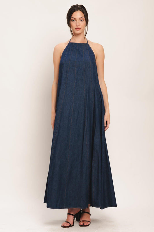 Quiet Statement Denim Midi Dress in dark indigo, view 1 — Soul Flow Apparel