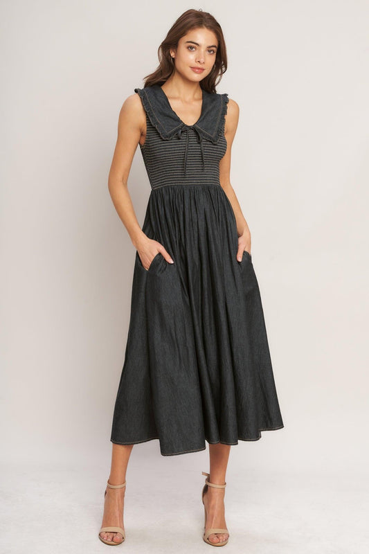 Dark Elegance Woven Midi Dress in dark indigo, view 1 — Soul Flow Apparel