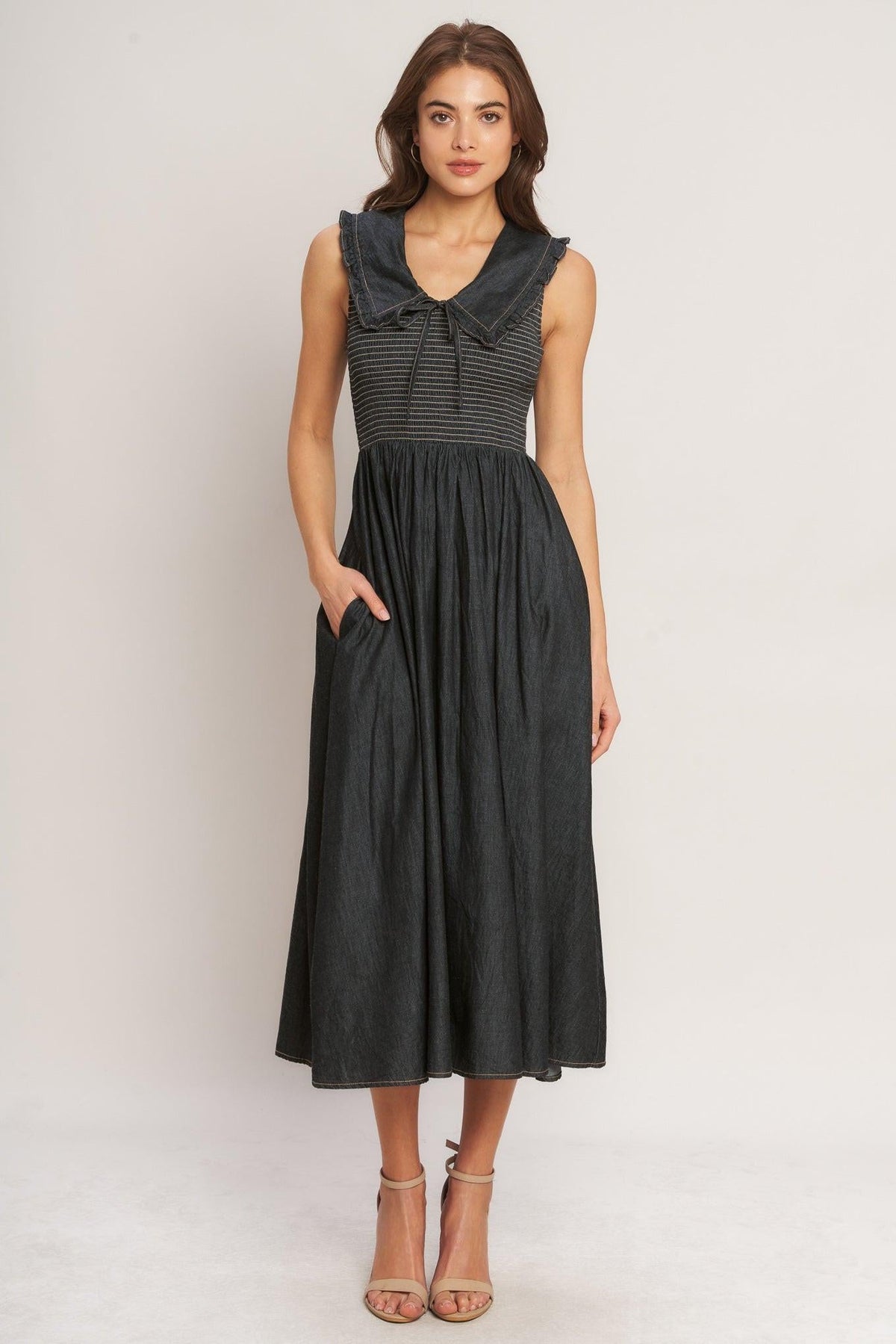 Dark Elegance Woven Midi Dress in dark indigo, view 2 — Soul Flow Apparel