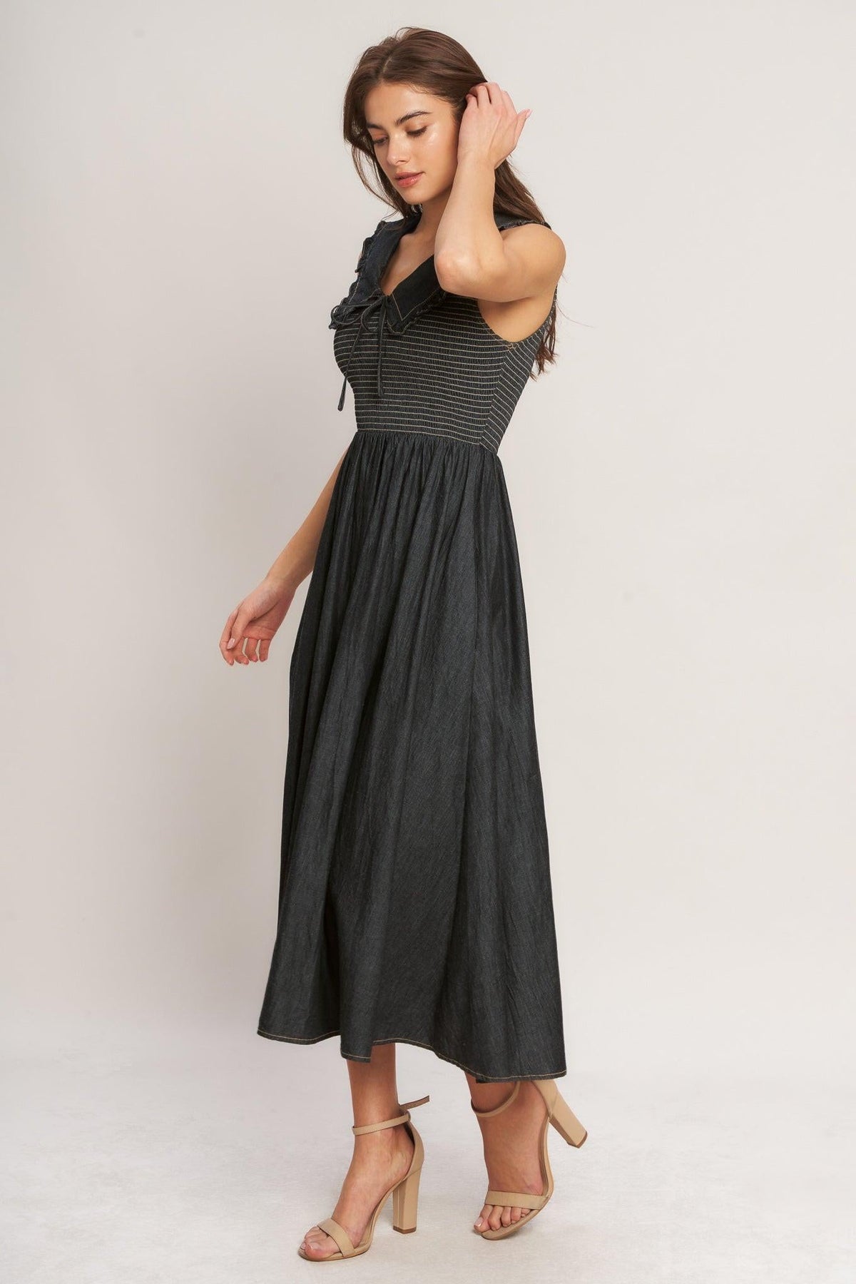 Dark Elegance Woven Midi Dress in dark indigo, view 3 — Soul Flow Apparel