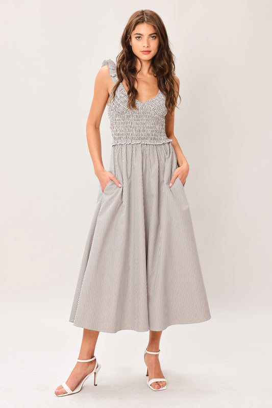 Sweet Stripe Woven Midi Dress in taupe grey, view 1 — Soul Flow Apparel