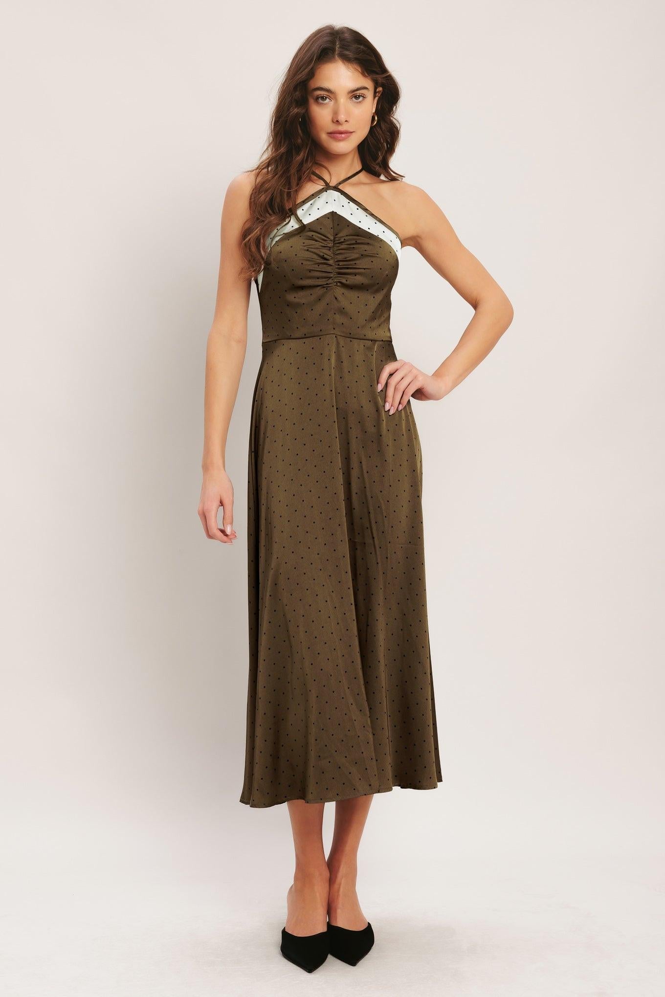 Espresso Chic Woven Satin Midi Dress in brown champagne, view 1 — Soul Flow Apparel