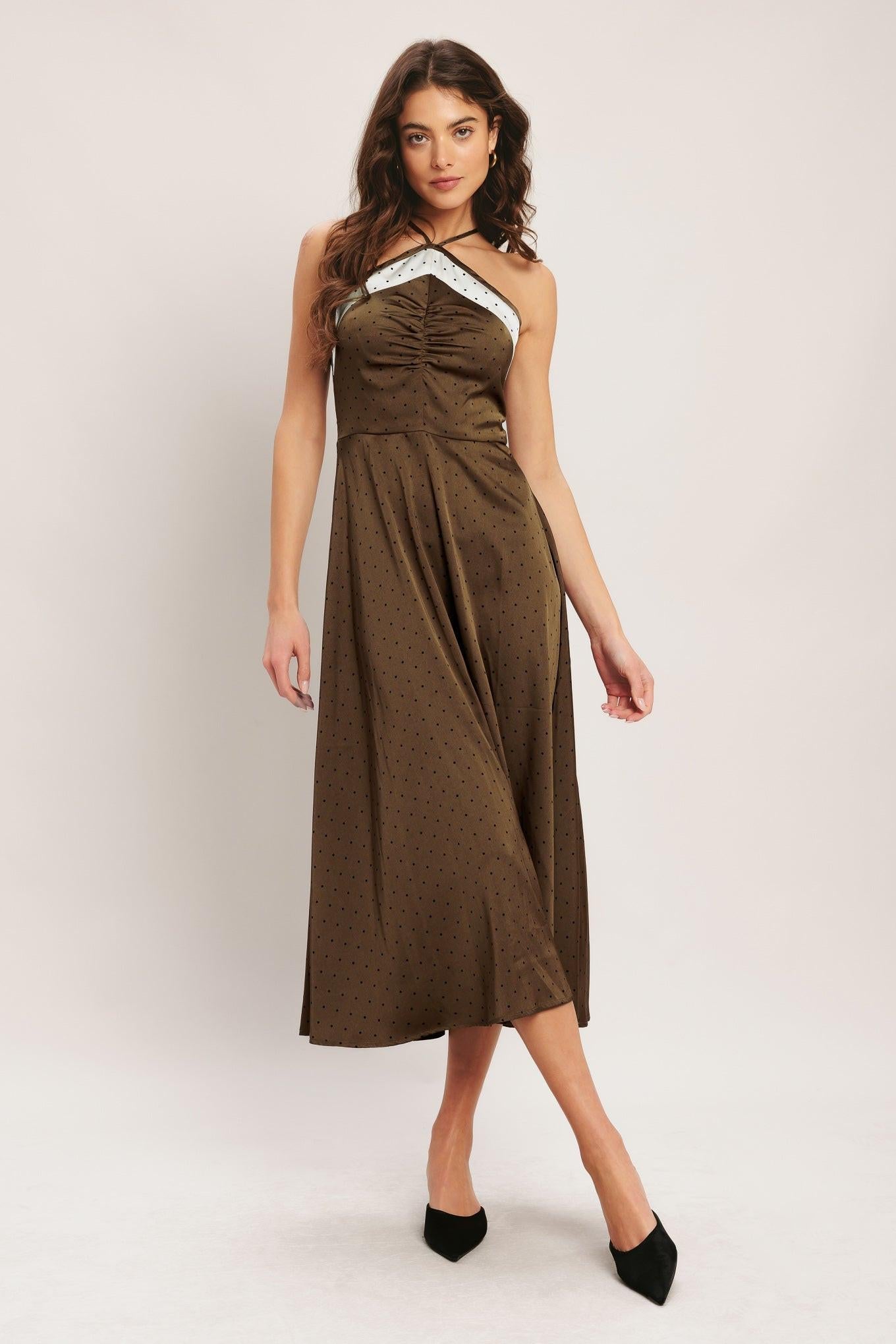 Espresso Chic Woven Satin Midi Dress in brown champagne, view 3 — Soul Flow Apparel