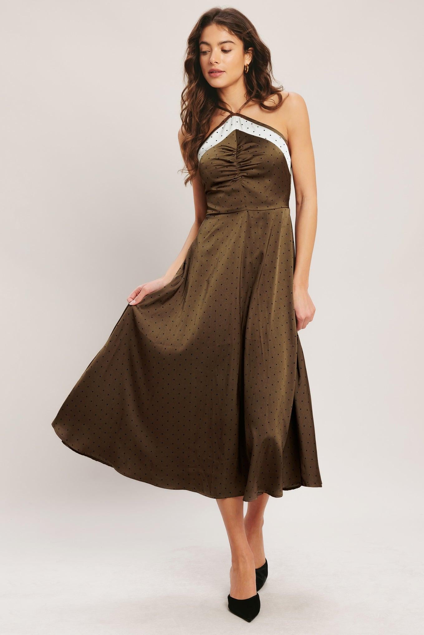 Espresso Chic Woven Satin Midi Dress in brown champagne, view 4 — Soul Flow Apparel