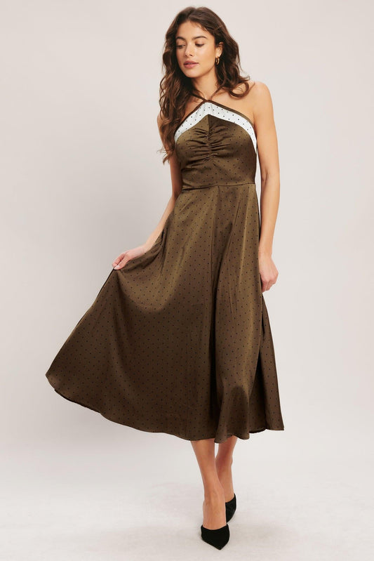 Espresso Chic Woven Satin Midi Dress in brown champagne, view 4 — Soul Flow Apparel