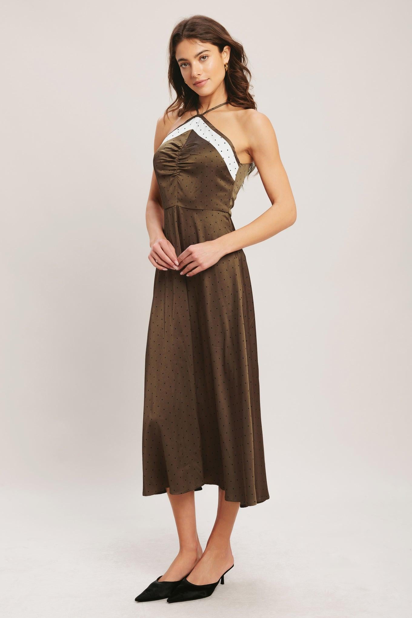 Espresso Chic Woven Satin Midi Dress in brown champagne, view 5 — Soul Flow Apparel