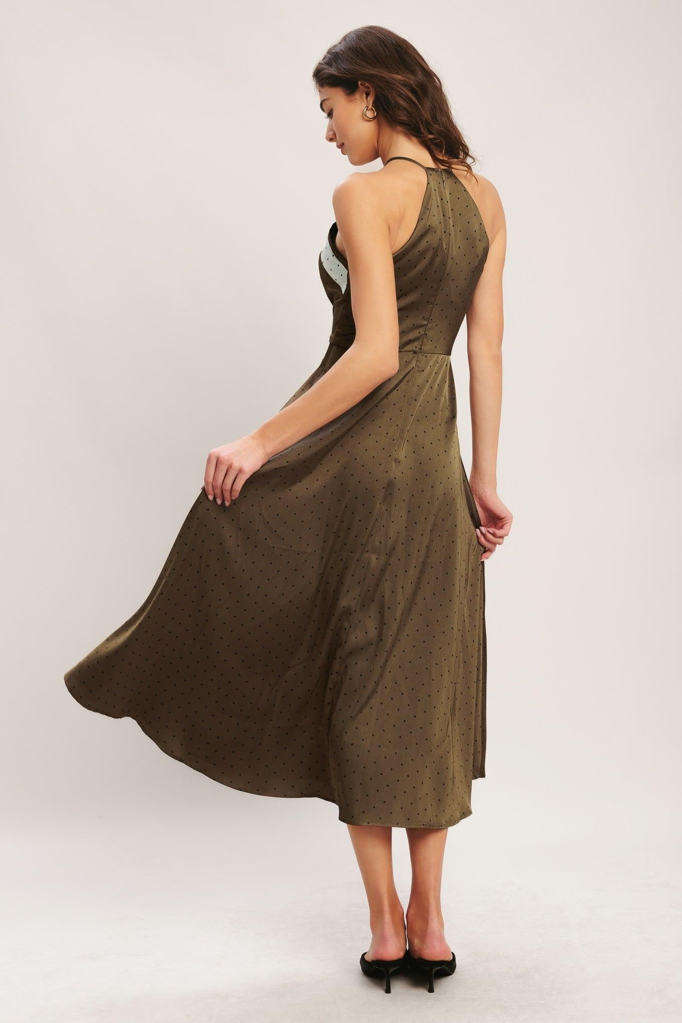 Espresso Chic Woven Satin Midi Dress in brown champagne, view 6 — Soul Flow Apparel