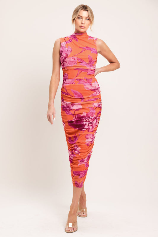 Paradise Glow Power Mesh Midi Dress in orange, view 1 — Soul Flow Apparel