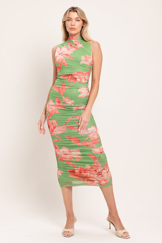 Paradise Glow Power Mesh Midi Dress in sage, view 2 — Soul Flow Apparel