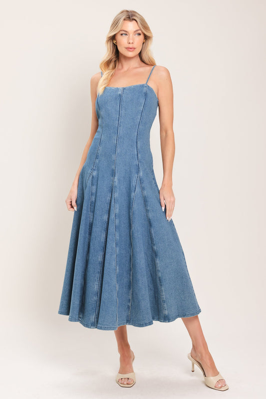 Indigo Whisper Denim Midi Dress in medium indigo, view 1 — Soul Flow Apparel