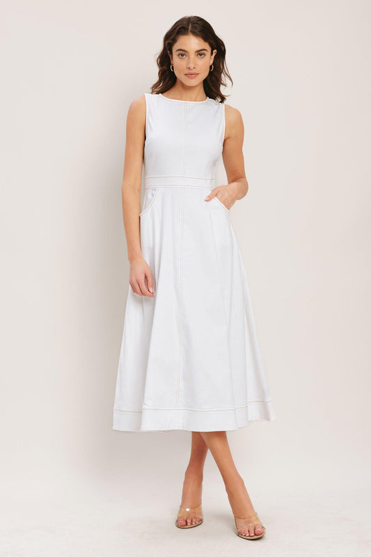 Cloudlight Summer Woven Midi Dress in white, view 1 — Soul Flow Apparel