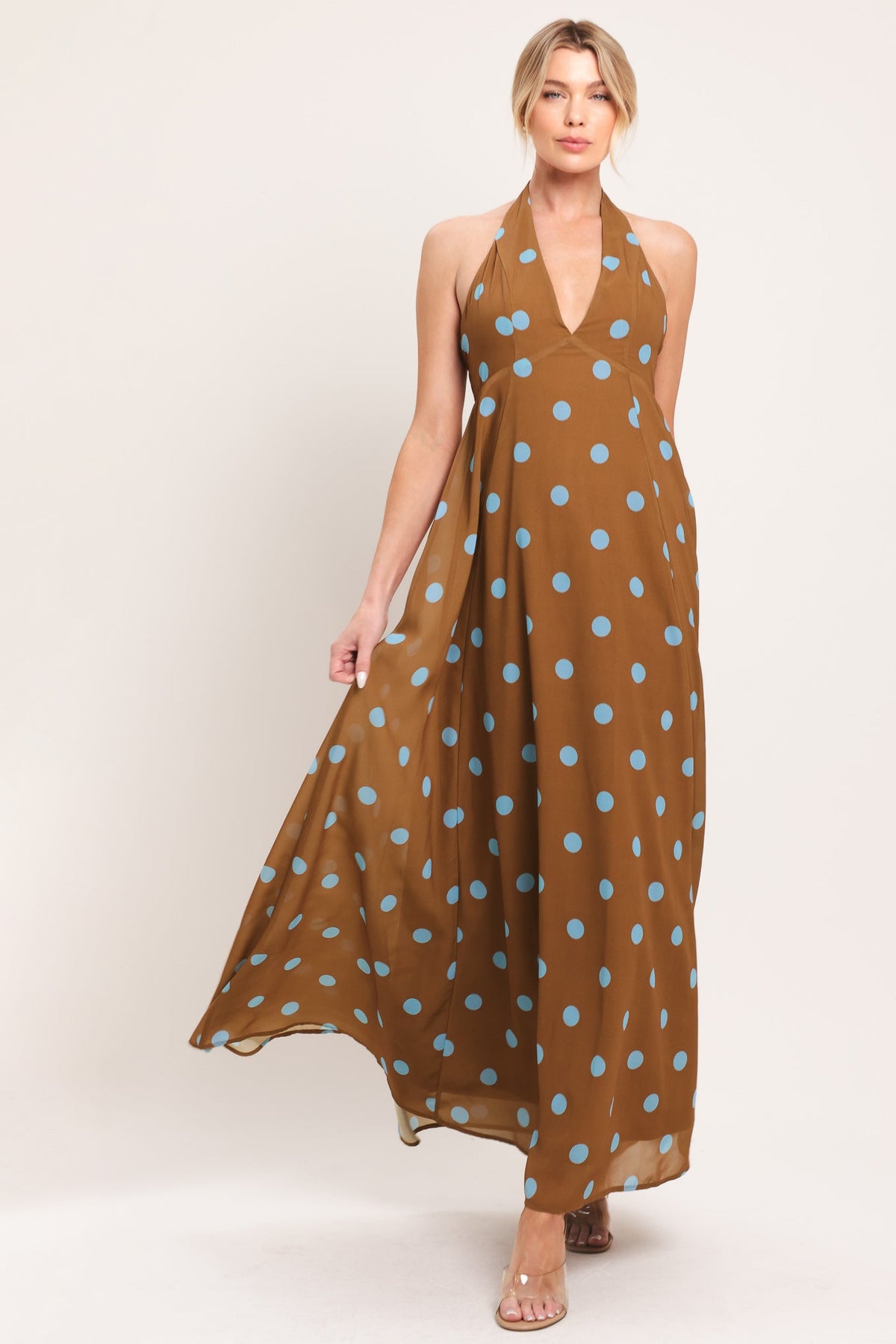 Dotty Love Woven Midi Dress in brown blue, view 4 — Soul Flow Apparel