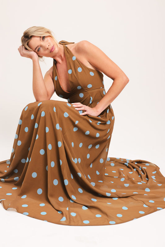 Dotty Love Woven Midi Dress in brown blue, view 7 — Soul Flow Apparel