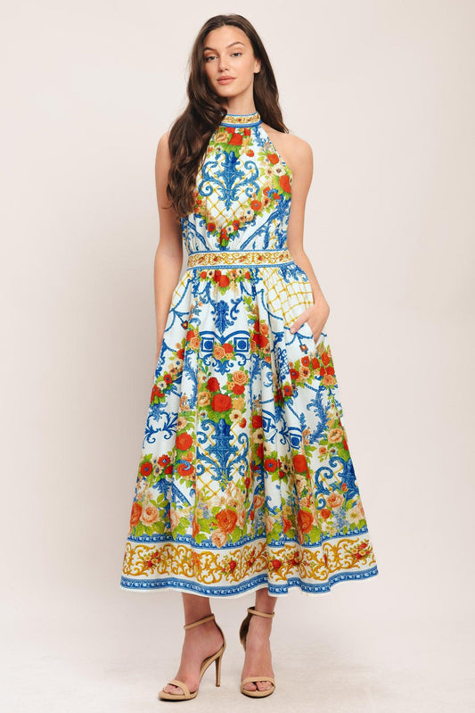 Ceramic Flora Woven Midi Dress in ivory blue, view 1 — Soul Flow Apparel