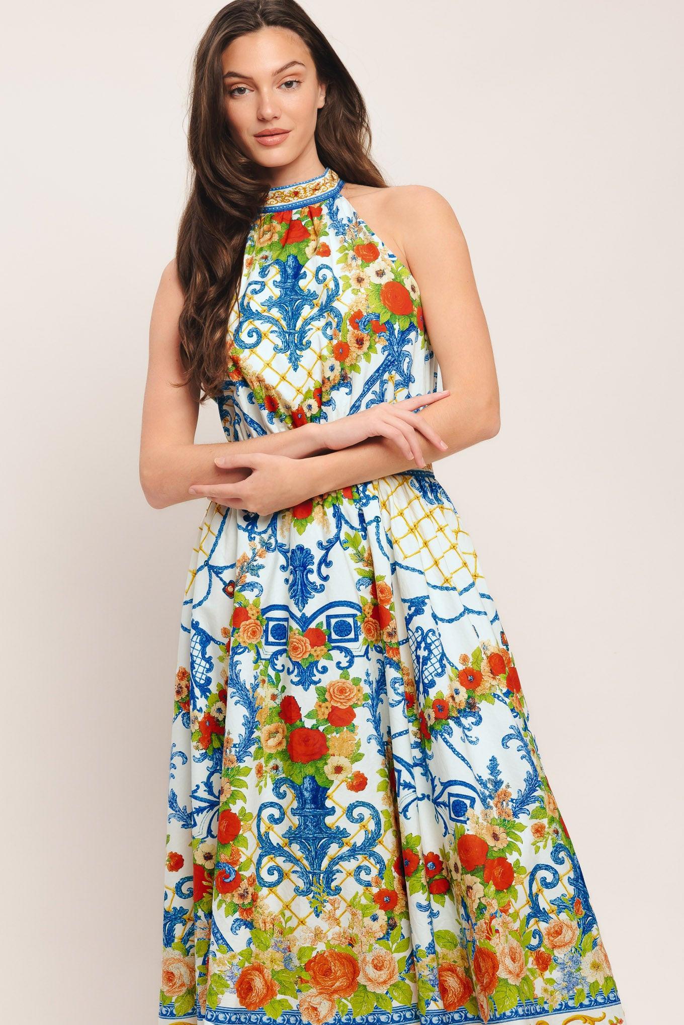 Ceramic Flora Woven Midi Dress in ivory blue, view 2 — Soul Flow Apparel
